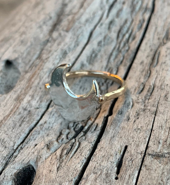 Silver Hammered Large Moon Ring with 14K Gold Fill Band