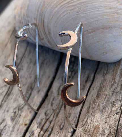 Sterling Silver Half Hoop Earrings with Bronze and Silver Moons