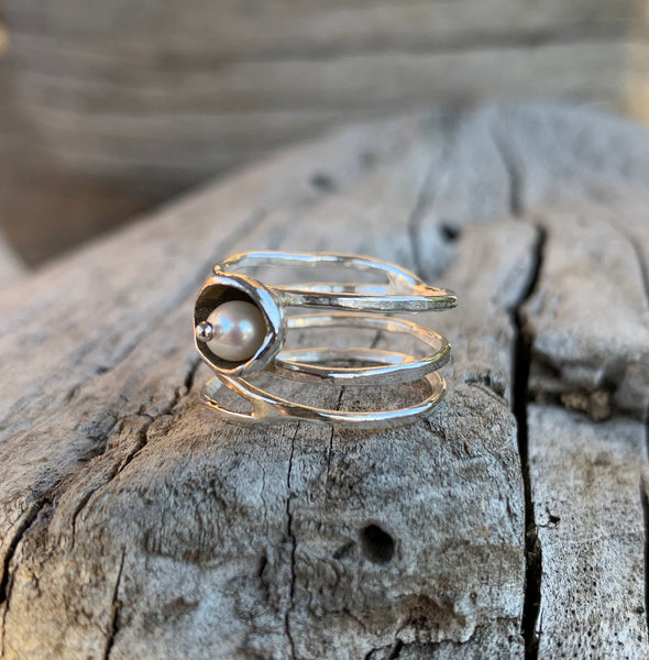 Sterling Silver Wrap Ring with Fresh Water Pearl Set in a Pod