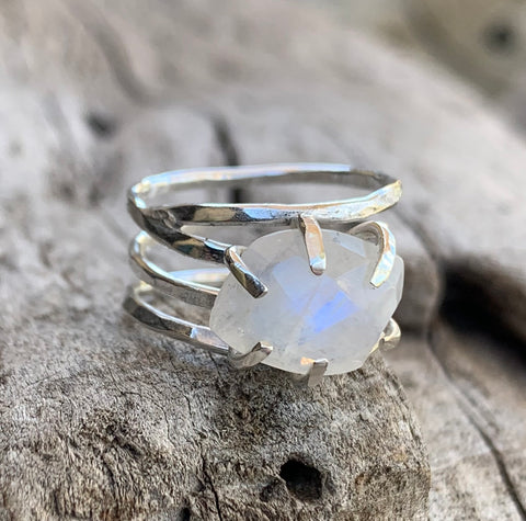 Handmade Sterling Silver Wrap Style Ring with a Faceted Prong Set Moonstone