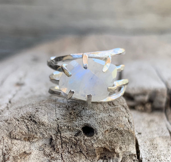 Handmade Sterling Silver Wrap Style Ring with a Faceted Prong Set Moonstone