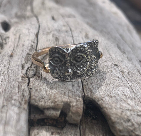 Sterling Silver Cast Owl Ring with 14k Gold Band
