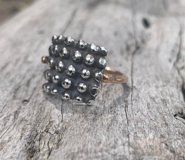 Sterling Silver Square Beaded Ring with 14k Gold Band