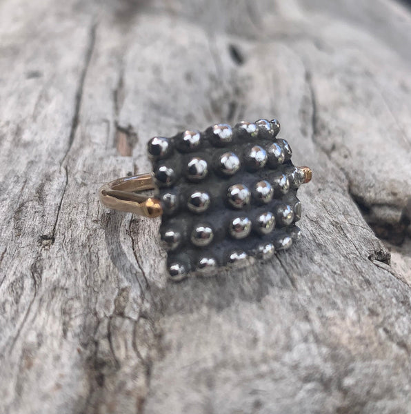Sterling Silver Square Beaded Ring with 14k Gold Band