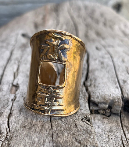 Mens Adjustable Bronze I Ching Style &quot;Eternal Happiness&quot; Cuff Ring
