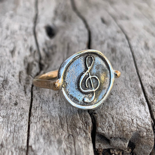 Silver Treble Clef Charm Ring with 14K Gold Fill Band