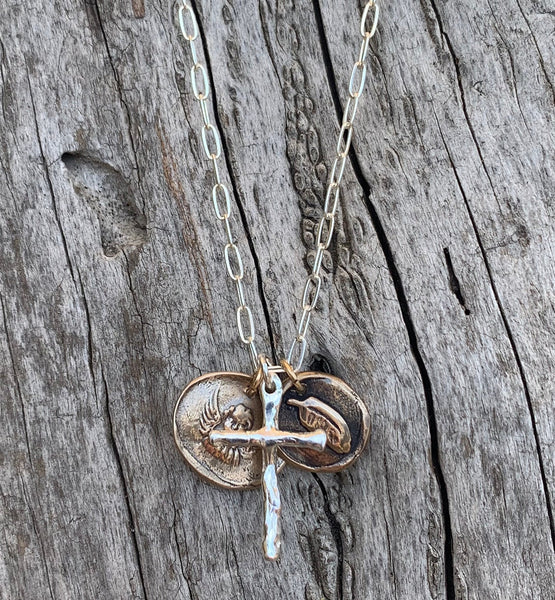 Memorial Sterling Paper Clip Chain Necklace with Sterling Cross and Bronze Feather and Angel Charms