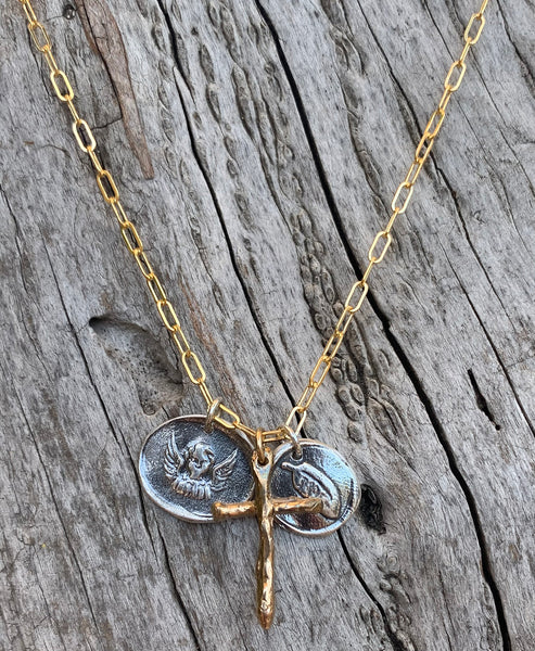 Memorial 14K Gold Fill Paper Clip Chain Necklace with Bronze Cross and Sterling Feather and Angel Charms