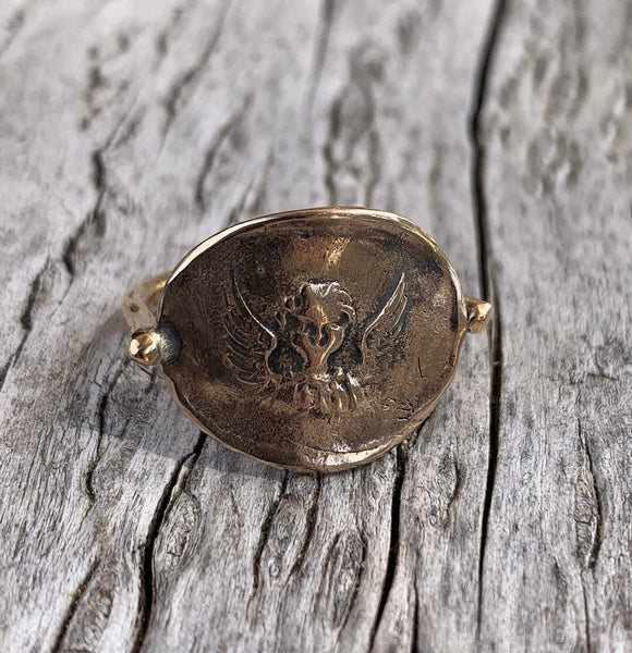 Bronze Guardian Angel Charm Ring with 14K Gold Fill Band