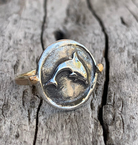 Silver Dolphin Charm Ring with 14K Gold Fill Band