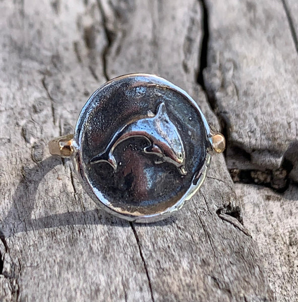 Silver Dolphin Charm Ring with 14K Gold Fill Band