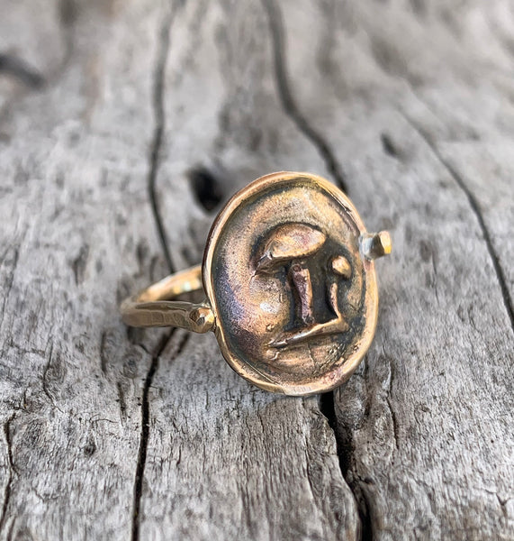 Bronze Mushroom Charm Ring with 14K Gold Fill Band