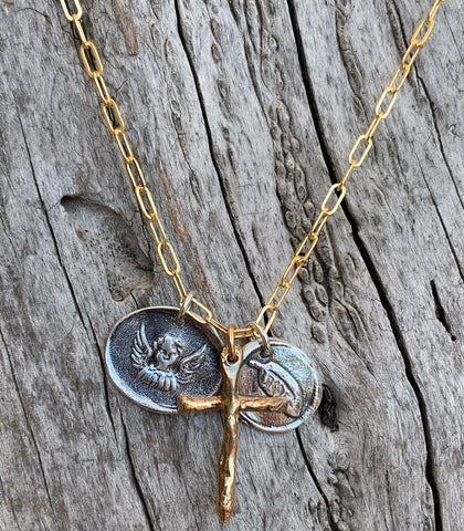 Memorial 14K Gold Fill Paper Clip Chain Necklace with Bronze Cross and Sterling Feather and Angel Charms
