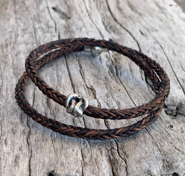 Handmade Sterling Silver Knot Double Wrap 4MM Braided Leather Bracelet with Magnetic Closure
