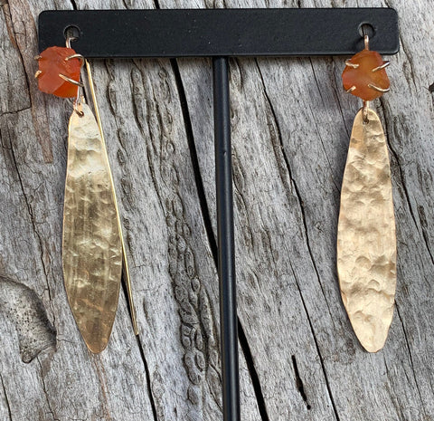 14K Gold Fill Feather Earrings with Prong Set Raw Carnelian