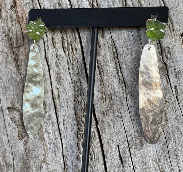 Sterling Silver Feather Earrings with Prong Set Raw Peridot