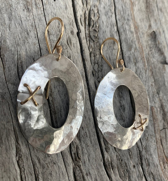Handmade Hammered Silver Oval Earrings with 14K GF Stitching