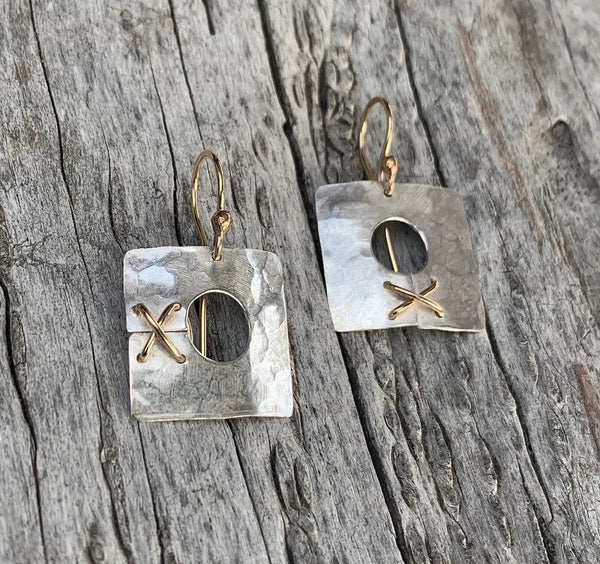 Handmade Hammered Silver Square Earrings with 14K GF Stitching