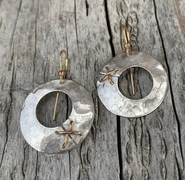 Handmade Hammered Silver Round Earrings with 14K GF Stitching