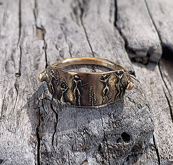 Bronze Mens Cave Art Ring with 14K Gold Fill Band