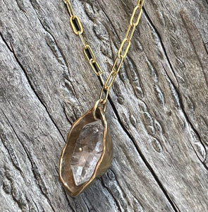 Bronze Herkimer Diamond Pod Necklace on 14K GF Paper Clip Chain