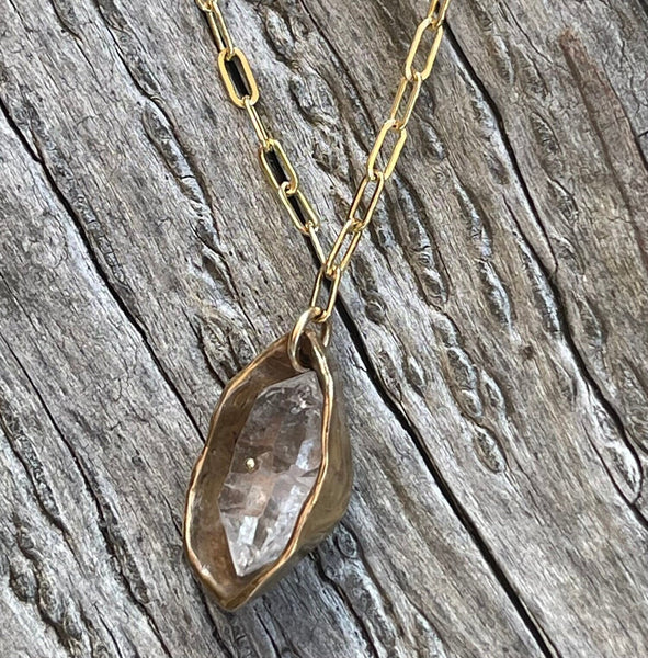 Sterling Silver Herkimer Diamond Pod Necklace on Sterling Silver Paper Clip Chain