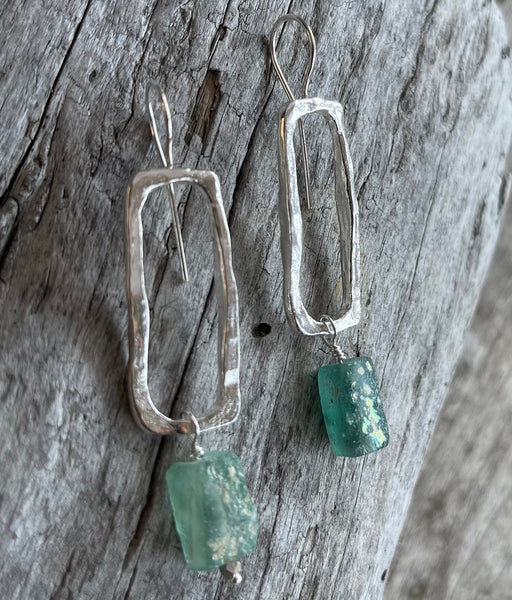 Handmade Sterling Silver Organic Rectangle Earrings with Roman Glass Drop