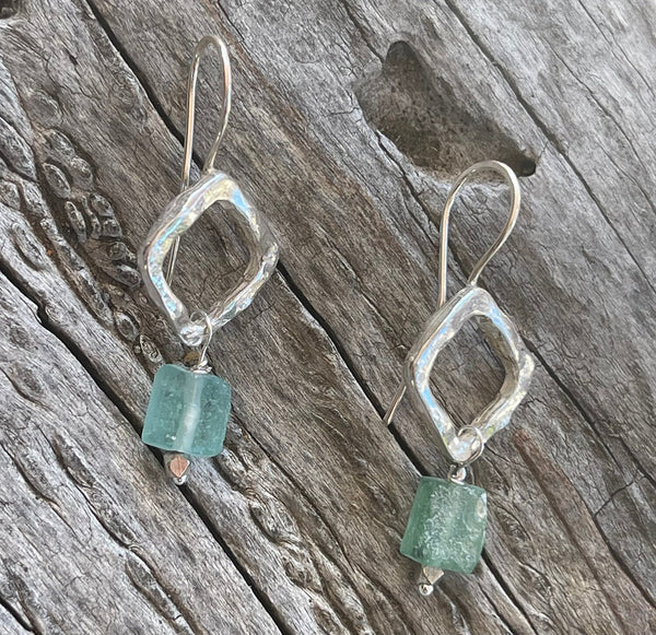 Sterling Silver Organic Square Earrings with Roman Glass Drop