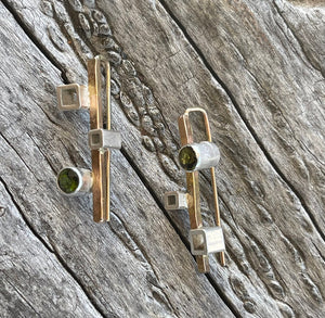 14K Gold Fill Earrings with Silver Tube Set Green Tourmaline and Silver Squares