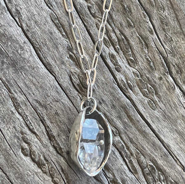 Sterling Silver Herkimer Diamond Pod Necklace on Sterling Silver Paper Clip Chain