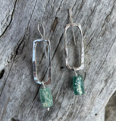 Handmade Sterling Silver Organic Rectangle Earrings with Roman Glass Drop