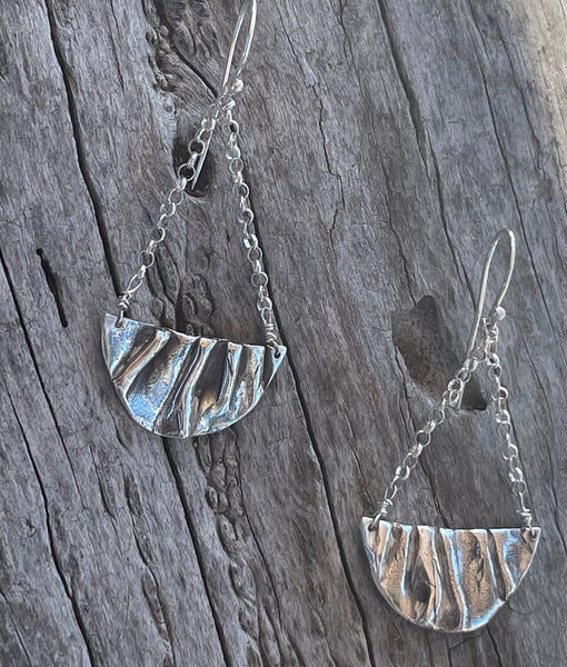 Cast Sterling Silver Folded Earrings Hung on Sterling Silver Chain