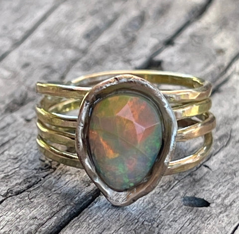 Handmade 14K Gold Wrap Ring with with a Bezel Set Faceted Opal