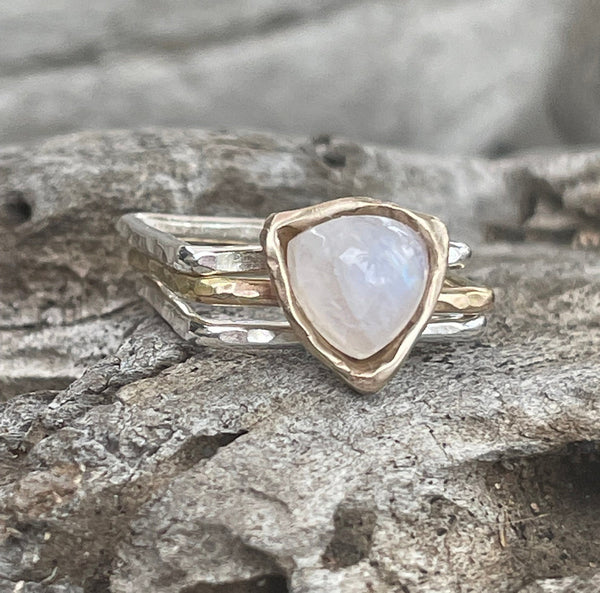 Handmade Mixed Metal Square Stacking Ring with Triangular Bezel Set Moonstone