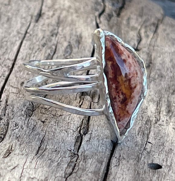 Handmade Sterling Silver Wrap Style Ring with Triangular Bezel Set Mexican Opal