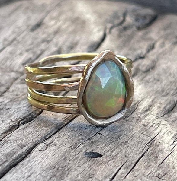 Handmade 14K Gold Wrap Ring with with a Bezel Set Faceted Opal