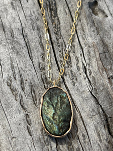 14K Gold Fill Organic Raw Labradorite Oval Necklace on Paper Clip Chain