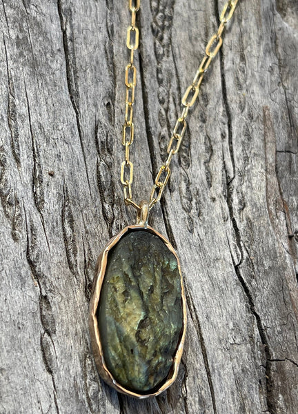 14K Gold Fill Organic Raw Labradorite Oval Necklace on Paper Clip Chain
