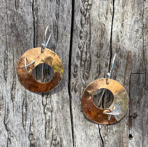 Handmade Hammered 14K Gold Fill  Round Earrings with Sterling Silver Stitching