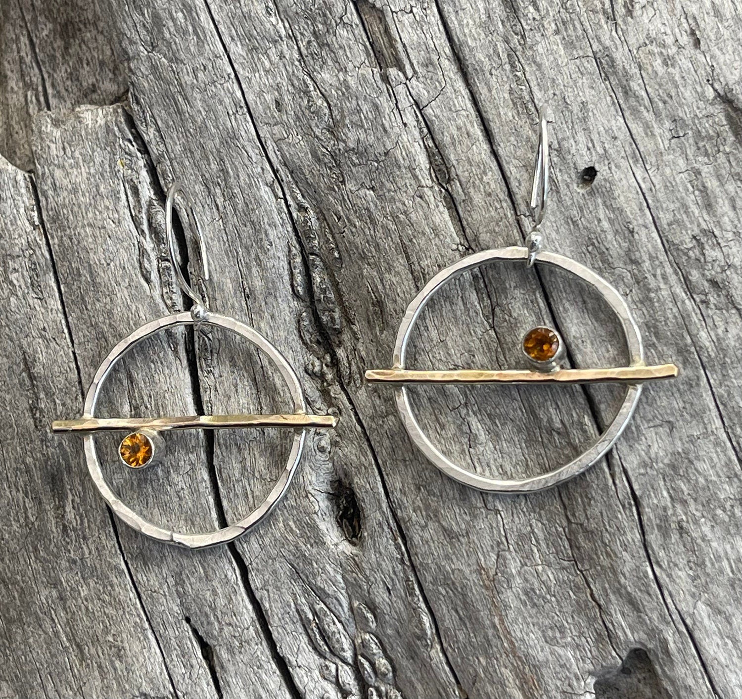 Mixed Metal Circle Earrings with Tube Set Citrine