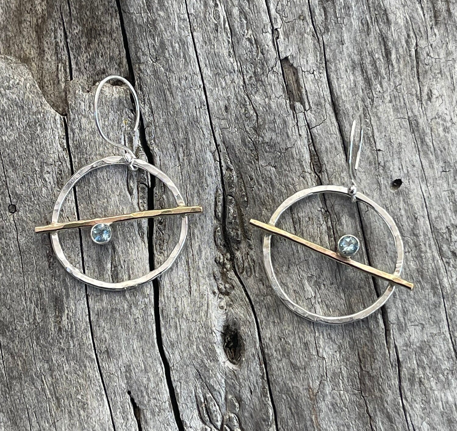 Handmade Sterling Silver Circle Earrings with 14K Gold Fill Tube Set Aquamarine