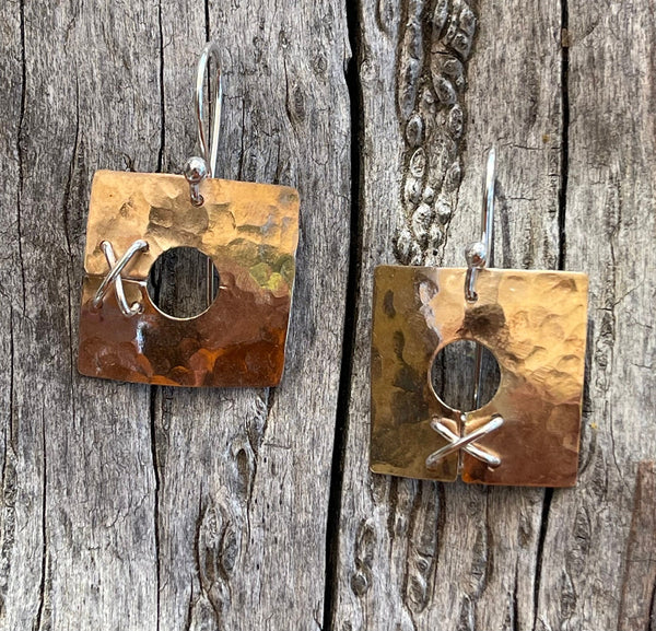 Handmade Hammered 14K Gold Fill Square Earrings with 14K GF Stitching