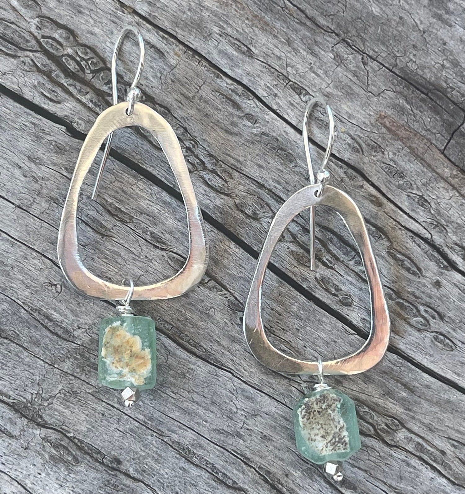 Bronze Organic Triangle Earrings with Roman Glass Drop