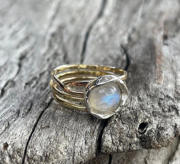 Handmade 14K Gold Fill Wrap Style Ring with Round Moonstone in Sterling Silver Bezel