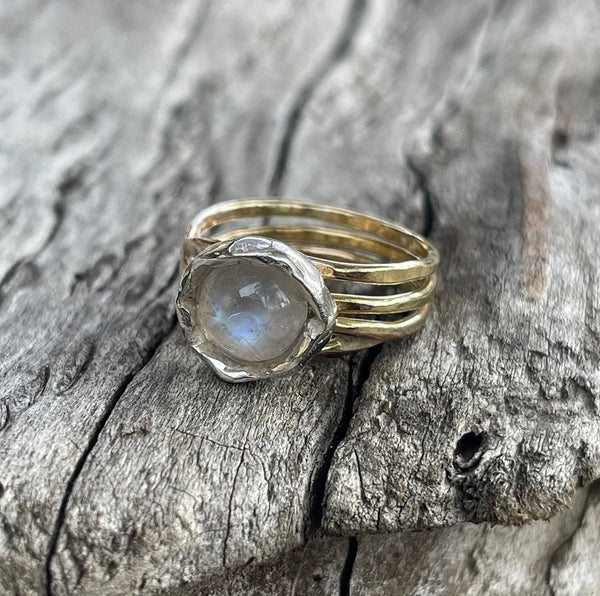 Handmade 14K Gold Fill Wrap Style Ring with Round Moonstone in Sterling Silver Bezel