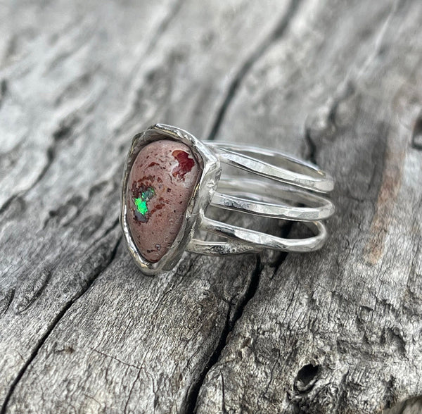 Handmade Sterling Silver Wrap Style Ring with Triangular Mexican Opal