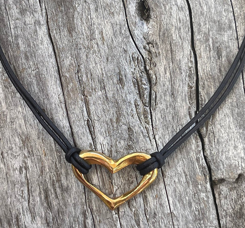 Handmade Bronze Heart Necklace on 1.5 MM Antique Brown Leather Cord with Loop and Pearl Closure