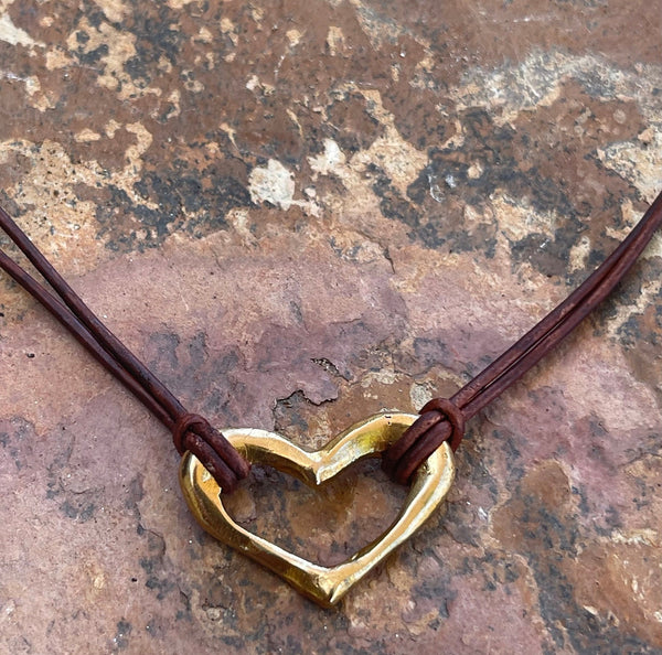 Handmade Bronze Heart Necklace on 1.5 MM Antique Brown Leather Cord with Loop and Pearl Closure