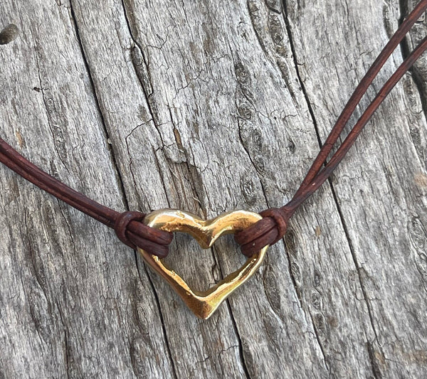 Handmade Bronze Heart Choker on 1 MM Antique Brown Leather Cord with Loop and Pearl Closure