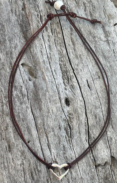 Handmade Sterling Heart Choker on 1 MM Antique Brown Leather Cord with Loop and Pearl Closure